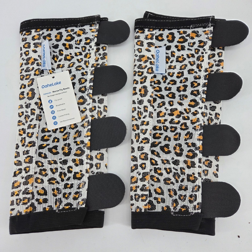 OaheLake Horse Fly Boots Set of 2 Leopard Print Mesh Leg Wraps Breathable NEW